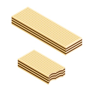 İki gevrek gofret, çikolatalı krema aromalı izometrik manzara beyaz arka planda izole edilmiş. Isırılmış gofret. Vektör