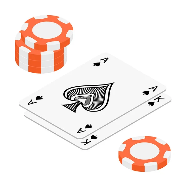 Hraní Karet Pokerových Žetonů Koncept Bílém Pozadí Izometrického Pohledu Poker — Stockový vektor