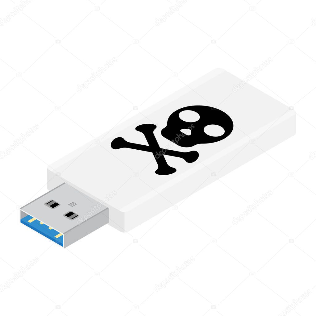 Computer infection concept. Computer virus on usb flash card. Danger malware infection concept. Isometric view
