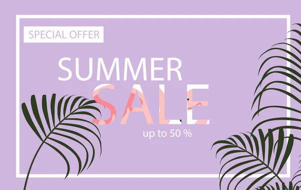 Summer Sale Banner Flamingo Tropical Leaves Background Exotic Floral Design — Stock Photo, Image