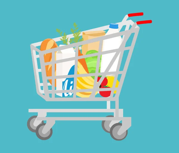 Grocery shopping cart on white. Full supermarket food basket raster illustration, shop cart with groceries goods isolated