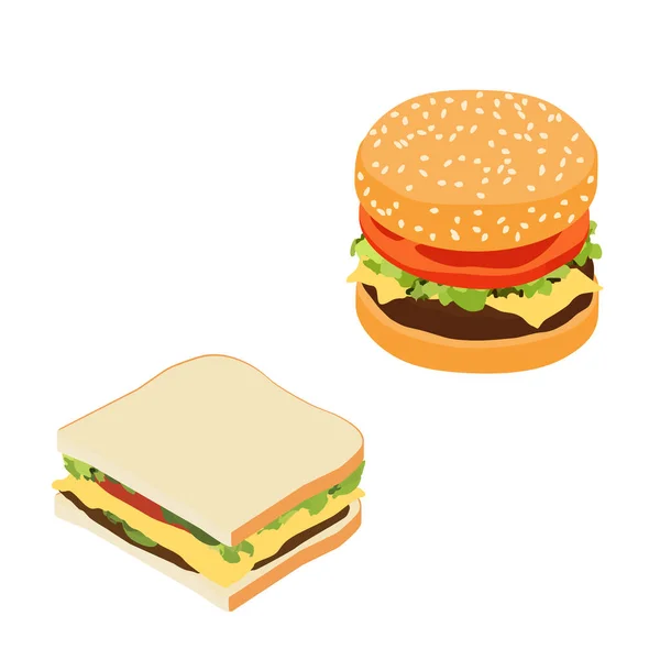 ファーストフードバーガーとサンドイッチ不健康な食事ラスターのアイソメトリックビュー — ストック写真