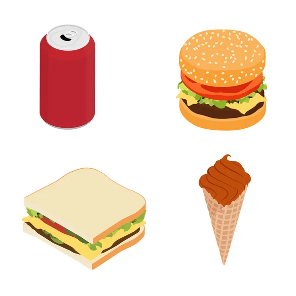 Rychlé Občerstvení Burger Sendvič Nápoj Zmrzlina Nezdravé Jíst Rastrové Izometrický — Stock fotografie