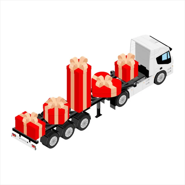 Gift delivery concept. Delivery truck with gift boxes isometric view isolated on white background