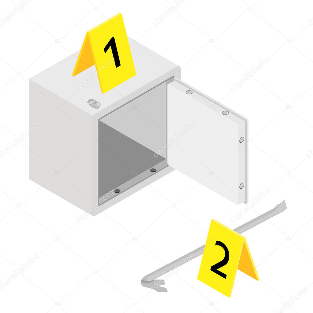 Metal steel money bank safe and crowbar with yellow evidence markers isometric view. Breaking into safe