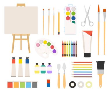 Ressam sanat aletleri. Boya sanatları alet çantası raster illüstrasyonu. Suluboya tasarım sanatçıları malzemeleri, sehpa ve palet, boya fırçası ve çizim malzemeleri