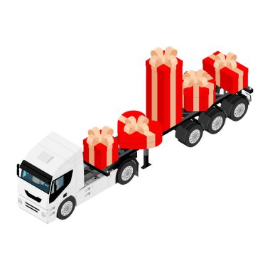 Hediye teslimi konsepti. Beyaz arkaplanda izole edilmiş hediye kutuları izometrik görünümlü kargo kamyonu