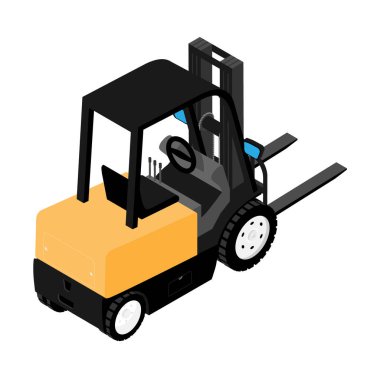 Forklift, güvenilir ağır yükleyici, kamyon. Beyaz arkaplan izometrik görünümünde ağır iş ekipmanları izole edildi