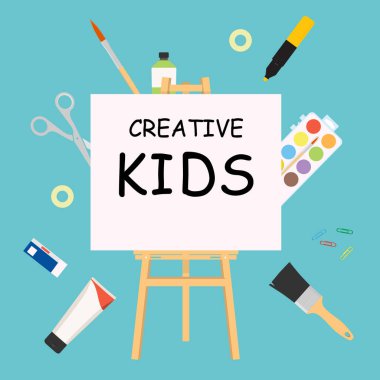 Çocuk sanatları, eğitim, yaratıcılık sınıfı konsepti. Raster afişi ya da resim sehpası, el çizimi mektuplar, kalem, fırça, suluboya resimler. Yaratıcı çocuklar