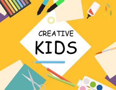 Yaratıcı çocuklar için laboratuvar masası. Boyama, kağıt kesme ve çizim. raster illüstrasyonu