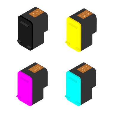 Beyaz arkaplan izometrik görünümünde izole edilmiş CMYK ve siyah kartuşlar
