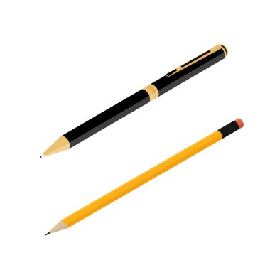 Ofis kırtasiyesi tükenmez kalem ve kalem beyaz arka planda izole edilmiş. Tükenmez kalem. Isome Manzarası. raster