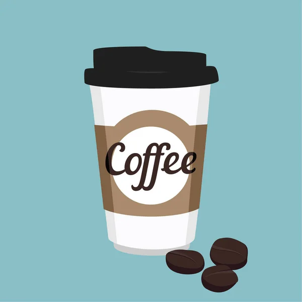 Raster Illustratie Wegwerp Koffiebeker Pictogram Met Koffiebonen Blauwe Achtergrond Koffiecup — Stockfoto