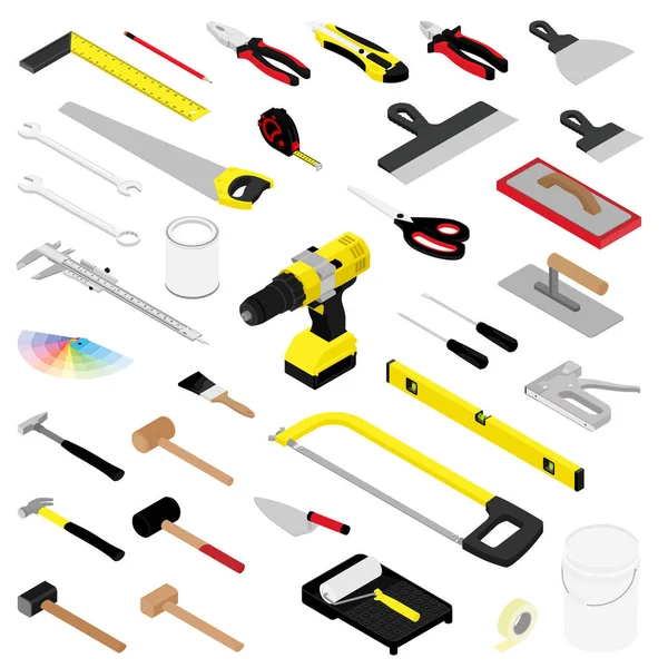 Beyaz arkaplan izometrik görünümünde izole edilmiş diy el araçları koleksiyonu