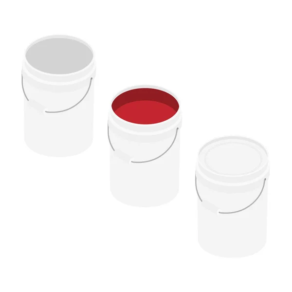 Σετ Από Λευκό Πλαστικό Κουβά Κόκκινη Μπογιά Λευκό Φόντο Ισομετρική — Φωτογραφία Αρχείου