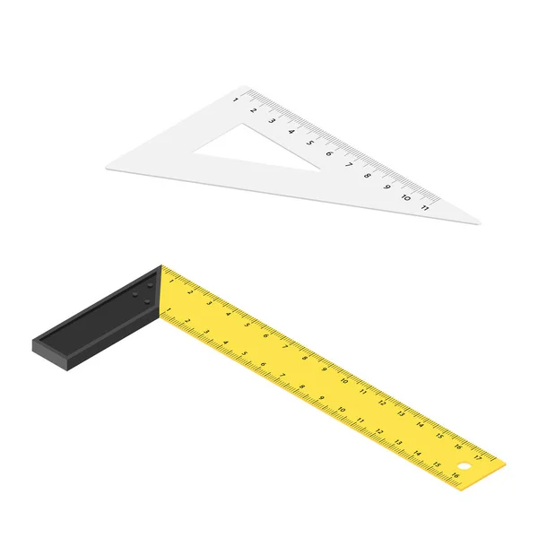 试试用塑料把手和三角形尺子隔离在白色背景下的正方形尺子 计量工具 — 图库照片