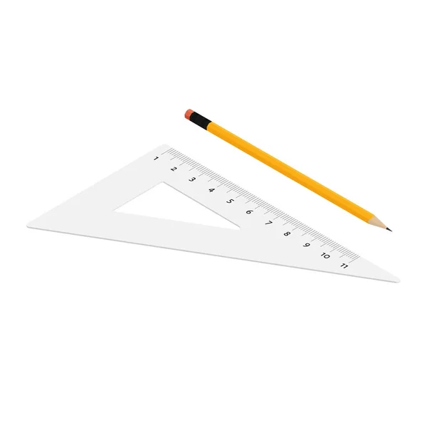 基于白底等距视点隔离的文具工具红三角黄铅笔及三角尺栅格 — 图库照片