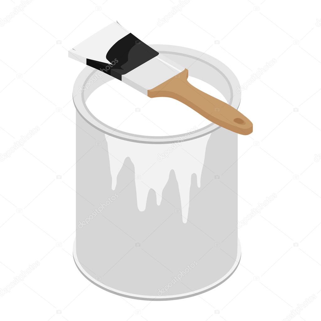 Metal paint can with white paint and paintbrush with wooden handle raster illustration