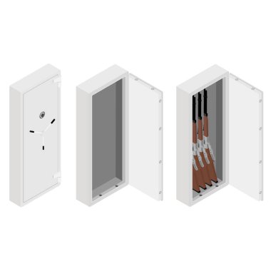 Cephanelik seti. Metal kasa, beyaz zemin üzerinde izometrik görüş alanı içinde tüfek tüfeği var..