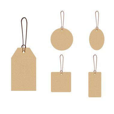 Boş hediye kutusu etiketleri ya da ipli alışveriş etiketleri. Kahverengi Kraft gerçekçi malzeme. Boş organik stil çıkartmaları. Tasarım izole edildi