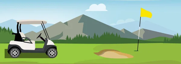 Illustration Matricielle Terrain Golf Drapeau Chariot Paysage Arrière Plan Montagne — Photo