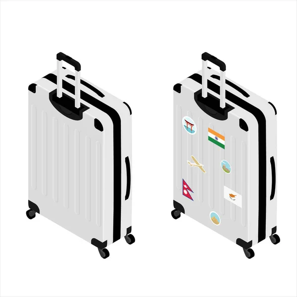 Koffer Eines Reisenden Mit Reiseaufklebern Isometrische Ansicht Isoliert Auf Weißem — Stockfoto