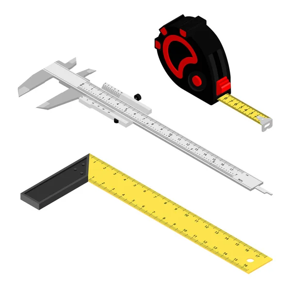 Rouletteband Messschieber Und Quadratlineal Isoliert Auf Weißem Hintergrund Isometrische Ansicht — Stockfoto