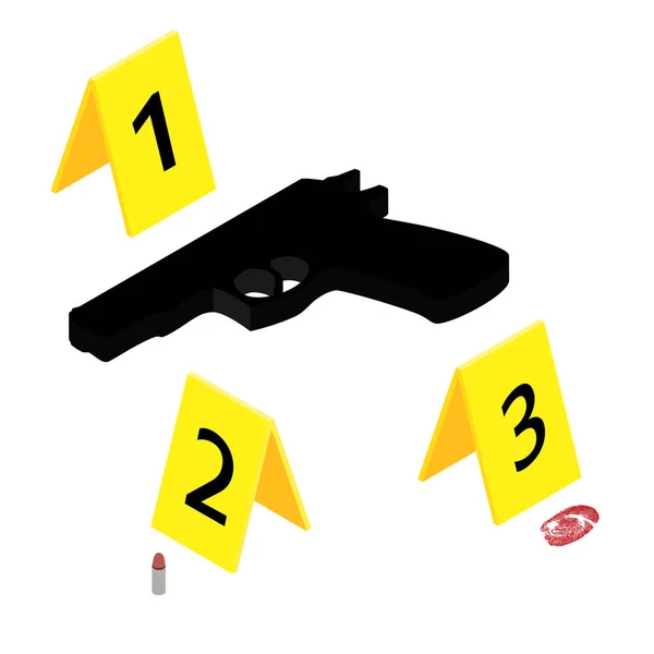 犯罪现场有黄色的证据标记 手枪和子弹 — 图库照片