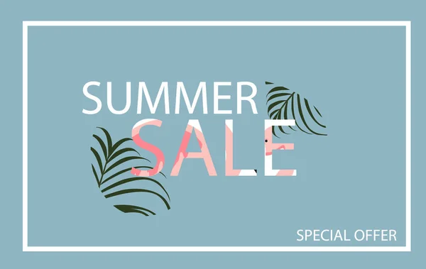 Summer sale banner with flamingo and tropical leaves background, exotic floral design for banner, flyer, invitation, poster, web site or greeting card.