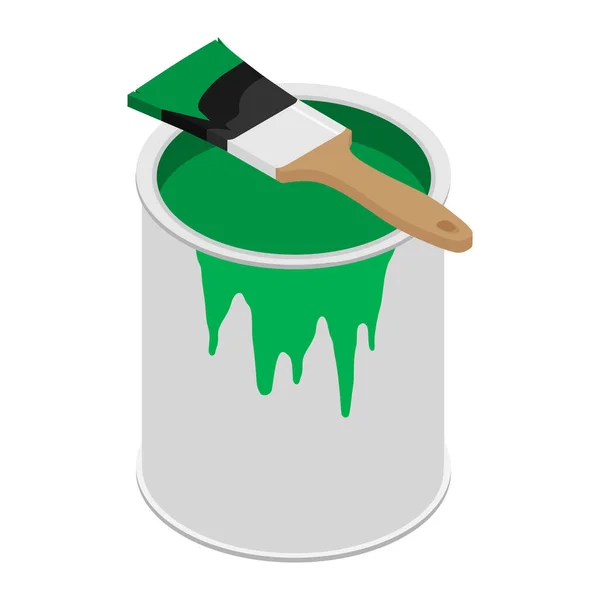 Metal Paint Can Green Paint Paintbrush Wooden Handle Raster Illustration — Stock Photo, Image