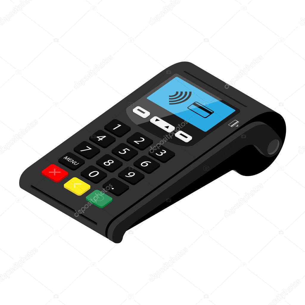 POS Terminal payment machine isolated on white background. Bank Payment Terminal. Processing NFC payments device. Isometric view