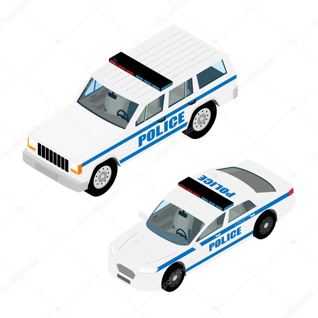 Police car set isometric view isolated on white background. Police transport