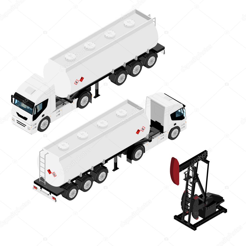 Oil pump oil rig energy industrial machine for petroleum and truck tankers isometric view isolated on white background