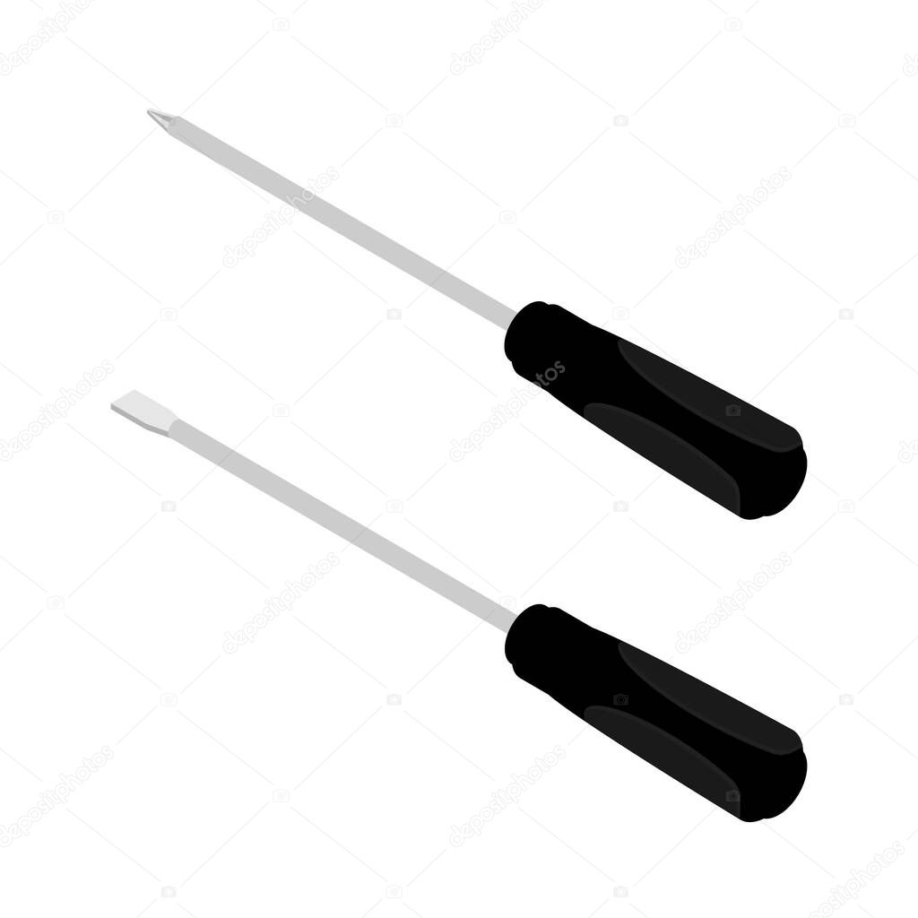 Screwdriver isolated on white background isometric view. Pozidriv and slotted screwdriver icon set. Mechanic tools