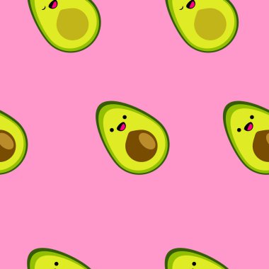 Kusursuz desenli, pembe arka planda gülümseyen bir çizgi film karakteri. Tropik soyut arka plan. Vektör