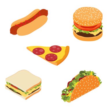 Fast food seti: sosisli sandviç, hamburger veya çizburger, bir dilim pizza ve beyaz arka planda izole edilmiş geleneksel Meksika fast food taco 'su. Isome Manzarası. Vektör