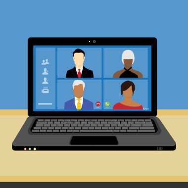 Video konferansındaki planlar hakkında iş arkadaşlarımla konuşuyorum. Video görüşmesi için laptop kullanan çok ırklı bir iş ekibi. Evden çalışan bir grup zeki insan.