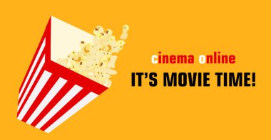 Film zamanı vektör illüstrasyonu. Patlamış mısır kutusu içerikli sinema posteri. Sinema tiyatrosu için pankart tasarımı