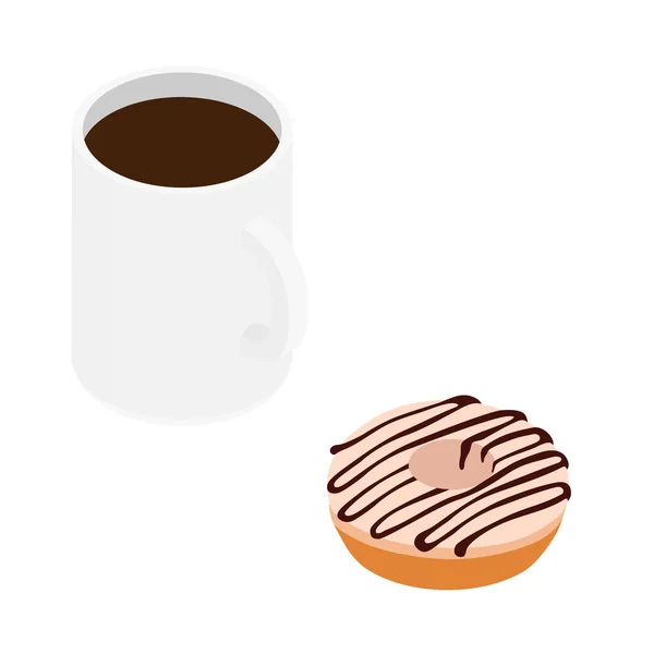Kávový Hrnek Sladký Čokoládový Koblih Izolovaný Bílém Vektor Izometrické Zobrazení — Stockový vektor