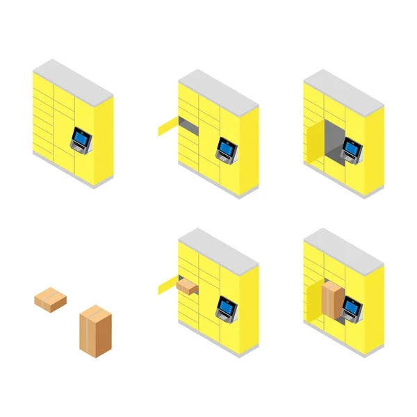 客户使用自动自助邮政终端机或储物柜存放包裹供储存 包裹运送站 — 图库矢量图片