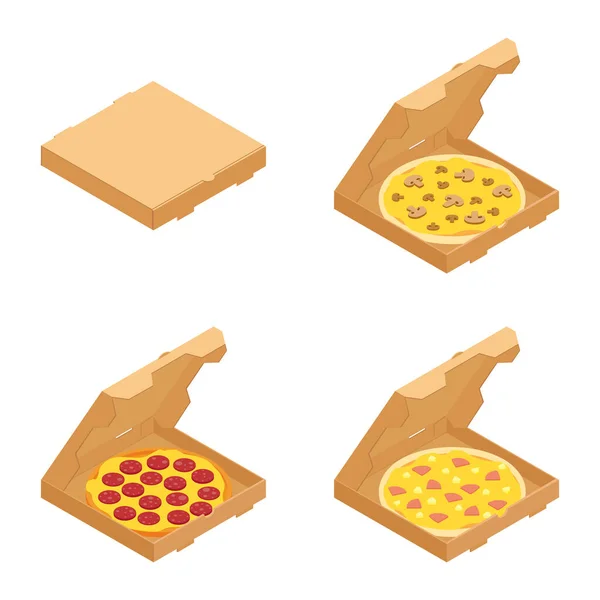 Zestaw Włoskich Pizzy Kartonowych Pudełkach Izolowanych Białym Tle Menu Restauracji — Wektor stockowy