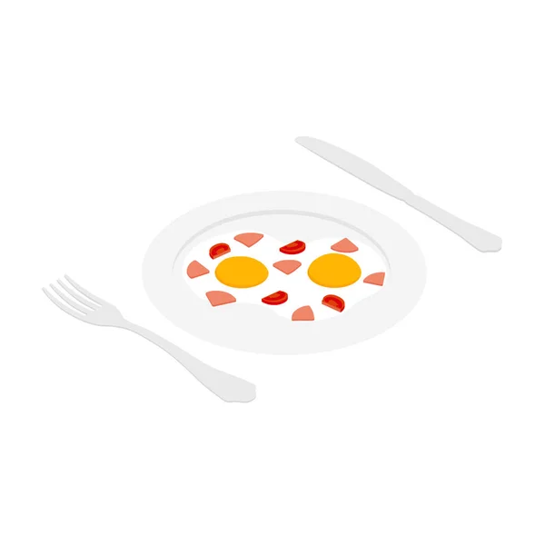 ハムと目玉焼き プレート上のソーセージとトマト フォークとナイフアイソメトリックビュー 朝食だ ベクトル — ストックベクタ