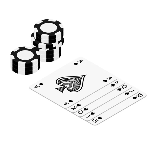 トランプとポーカーチップカジノをプレイ 白の背景等角ビューの概念 ポーカーカジノのベクトルイラスト ブラック リアルなチップ ギャンブルの概念 ポーカーモバイルアプリのアイコン — ストックベクタ