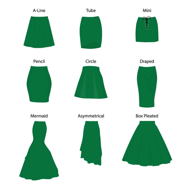 Ensemble Différents Types Jupes Ligne Tube Mini Crayon Cercle Drapé — Image vectorielle