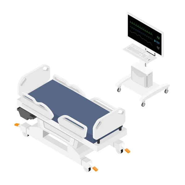 Mobile Hospital Medical Bed Vital Signs Monitor Patient Isometric View — Stock Vector