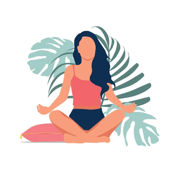 Femme Méditant Dans Nature Part Illustration Conceptuelle Pour Yoga Méditation — Image vectorielle