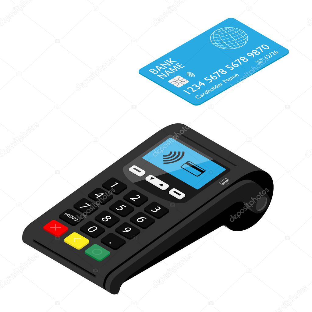 New smart POS terminal payment machine with bank credit card isolated on white background. Bank Payment Terminal. Processing payment device. Isometric view