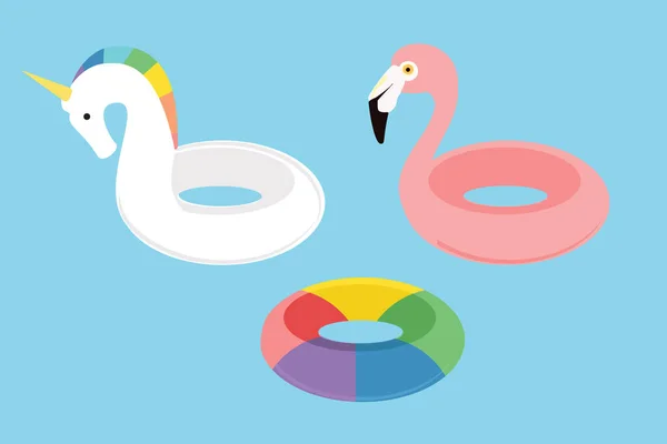 Nyári Úszás Gyűrű Gyűjtemény Flamingo Egyszarvú Szivárvány — Stock Vector