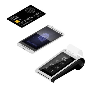 Mobil ödeme, online alışveriş konsepti. POS termimal, akıllı telefon ve banka kartı.