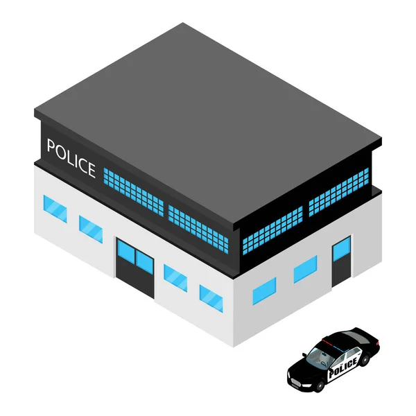 Estación Policía Ciudad Edificio Del Departamento Coche Policía Vista Isométrica — Vector de stock